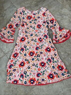 Boden Pink Floral Bell-Sleeve Dress with Pom Trim